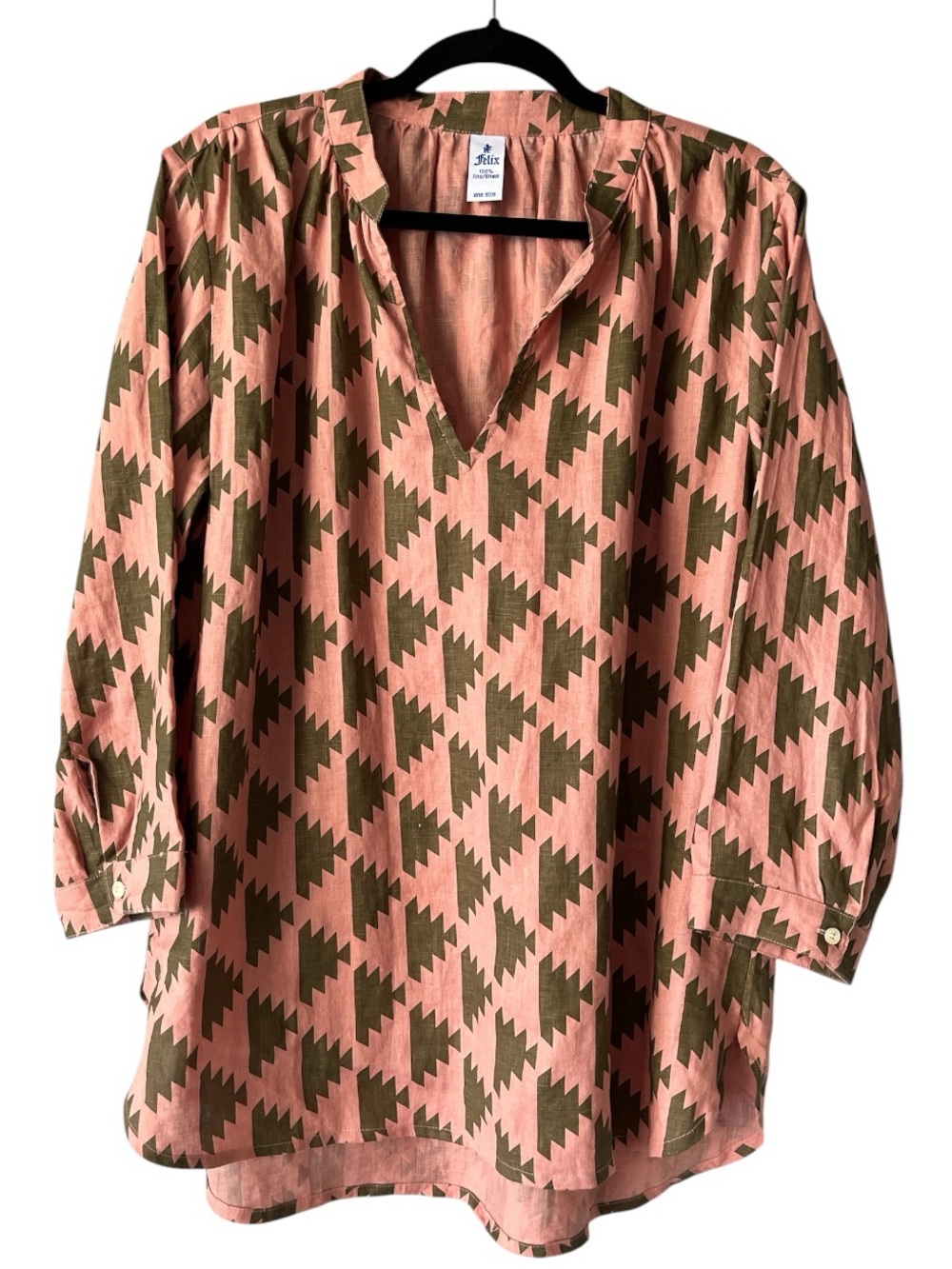 Felix 100% Linen V-Neck Tunic Top in Pink and Olive Green OS Oversized